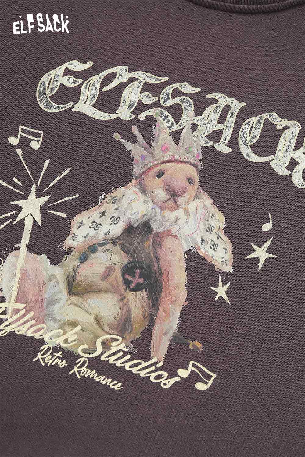 ELFSACK cartoon graphic ruffle sweatshirt featuring a whimsical design with a cartoon bunny and stars