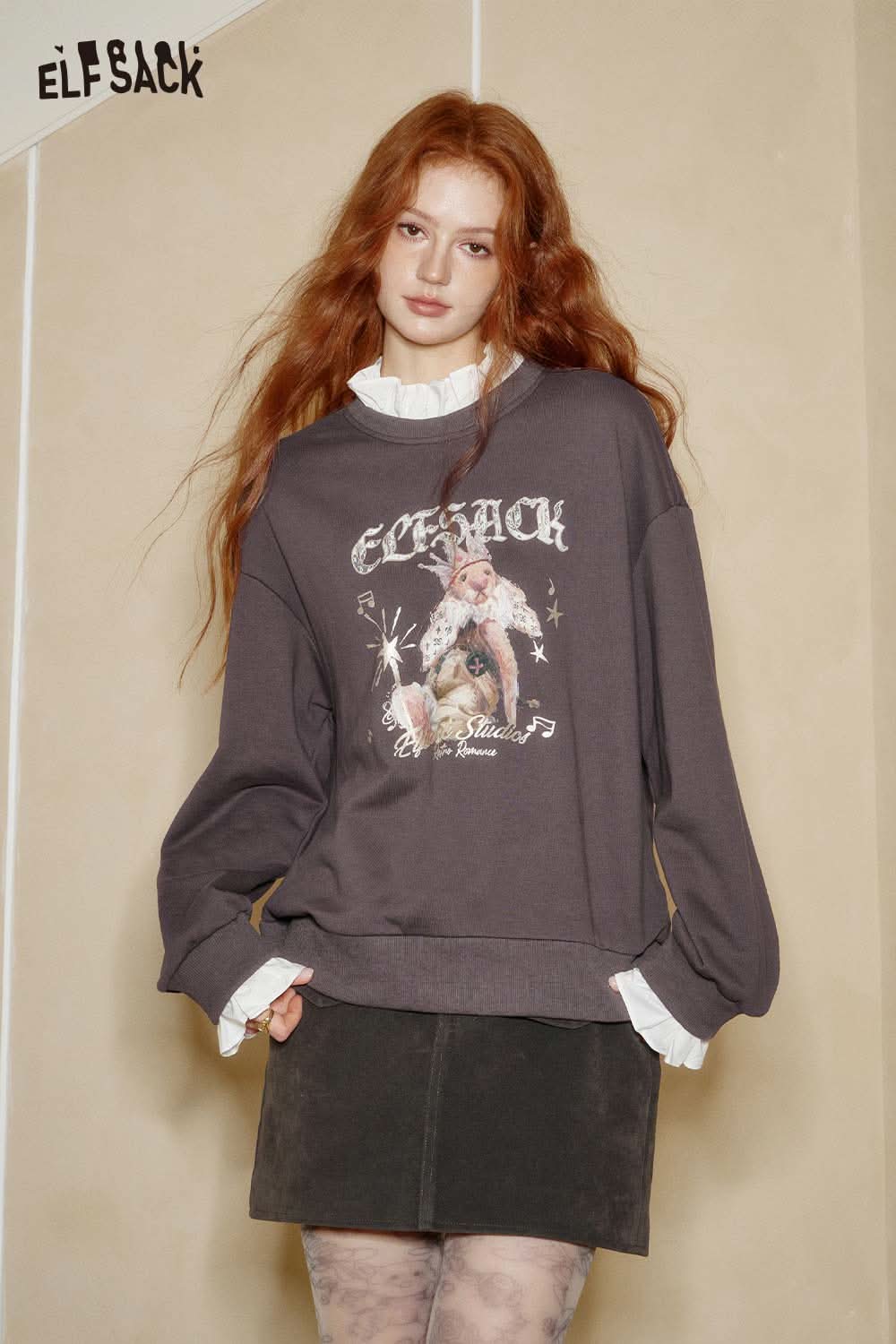 ELFSACK cartoon graphic ruffle sweatshirt in gray with a relaxed fit and unique design details