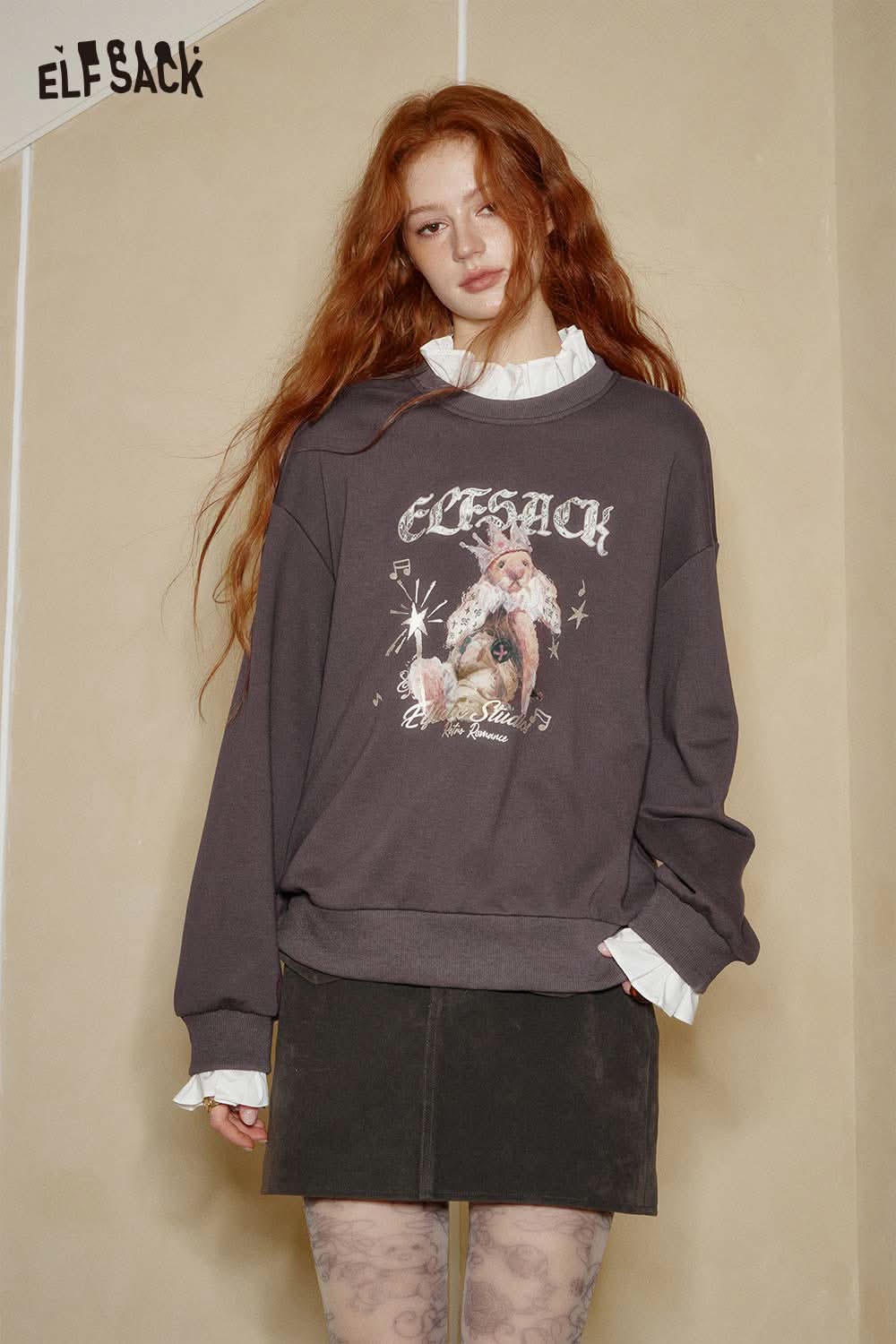 ELFSACK cartoon graphic ruffle sweatshirt in gray featuring a playful design and relaxed fit