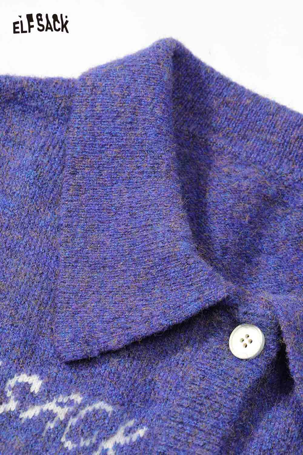 ELFSACK cartoon kitten knit cardigan in purple with a stylish collar and button details