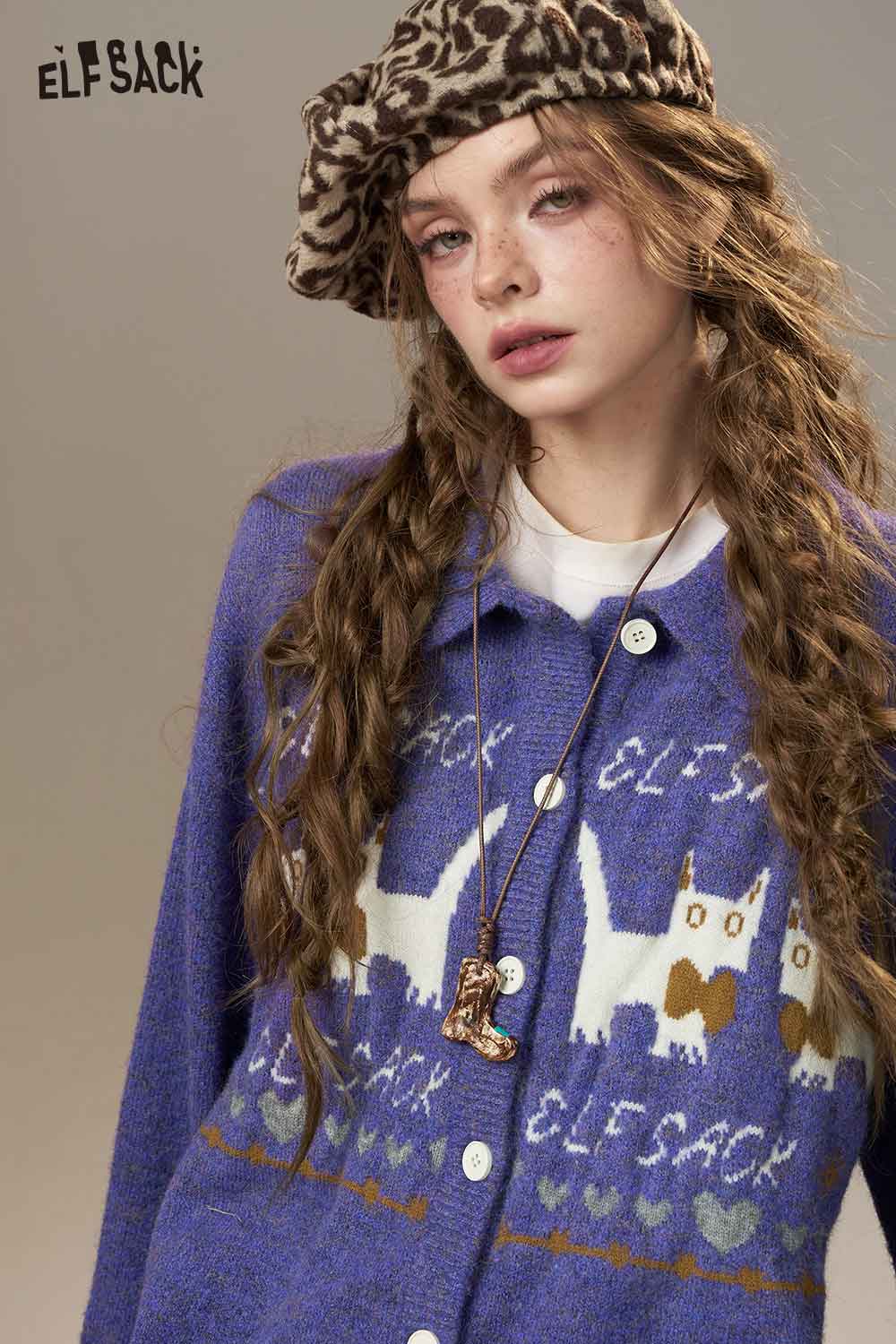 ELFSACK cartoon kitten knit cardigan in purple with playful cat designs and buttons