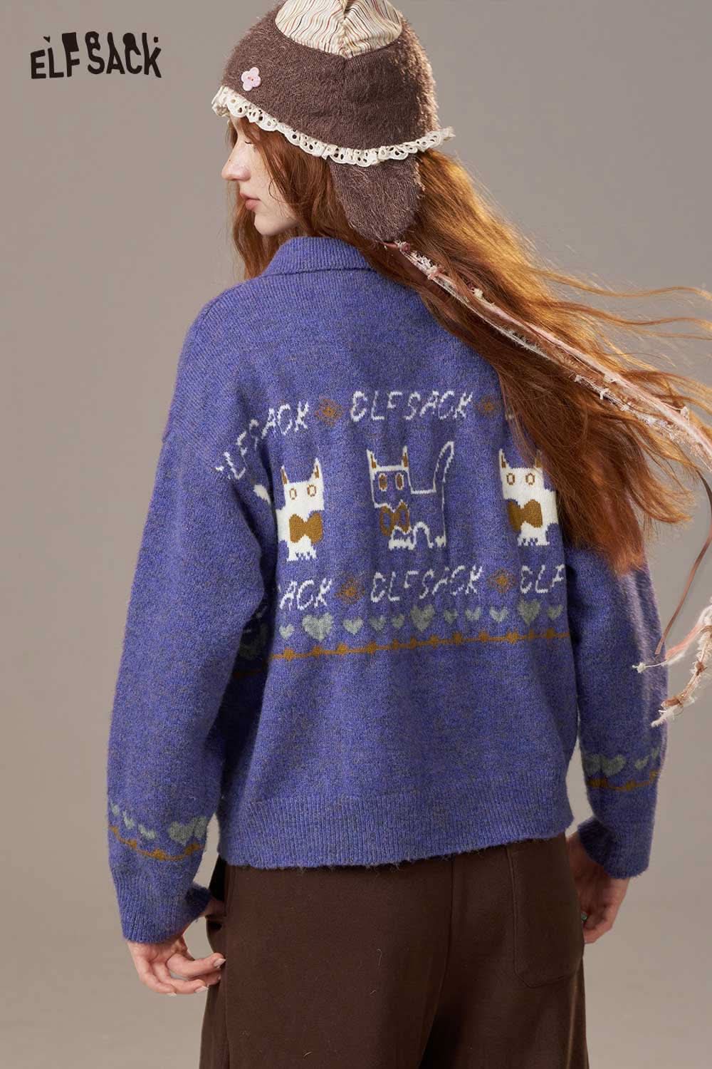 Cartoon kitten knit cardigan by ELFSACK featuring playful cat designs on a cozy blue sweater