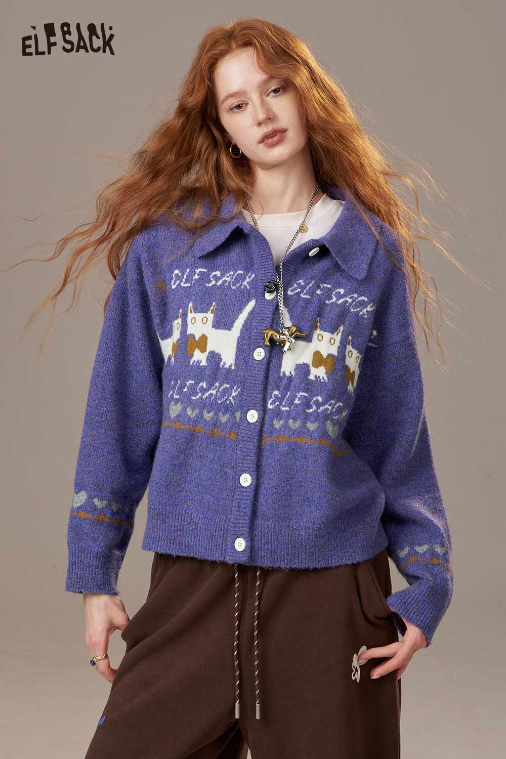 ELFSACK cartoon kitten knit cardigan in purple with playful cat designs and button closure