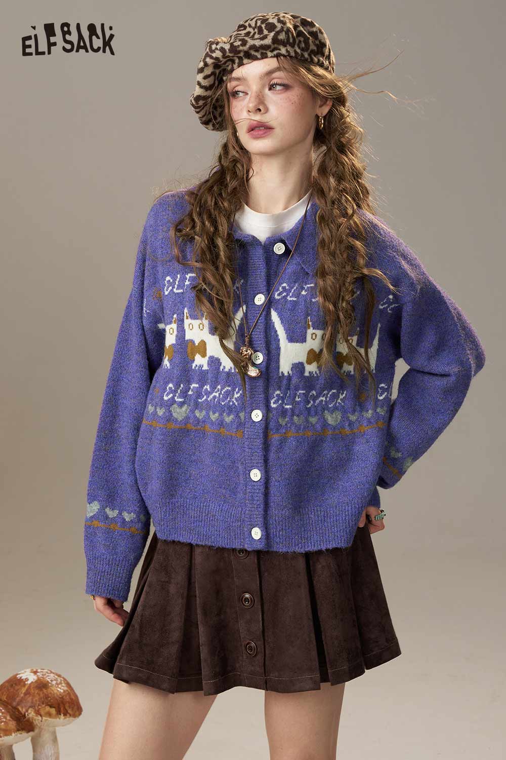 ELFSACK cartoon kitten knit cardigan in purple with playful kitten designs and button closure