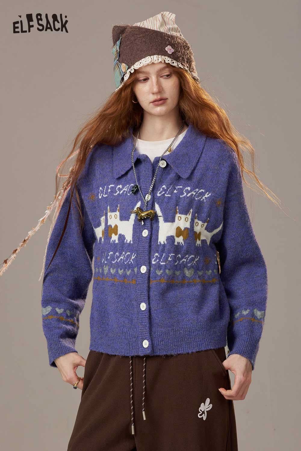ELFSACK cartoon kitten knit cardigan in blue with playful cat designs and button closure