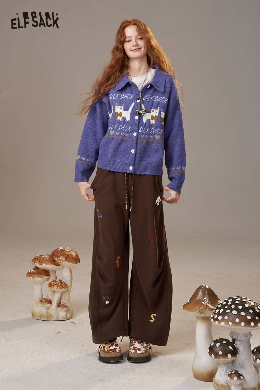 ELFSACK cartoon kitten knit cardigan in purple with playful kitten designs for casual style