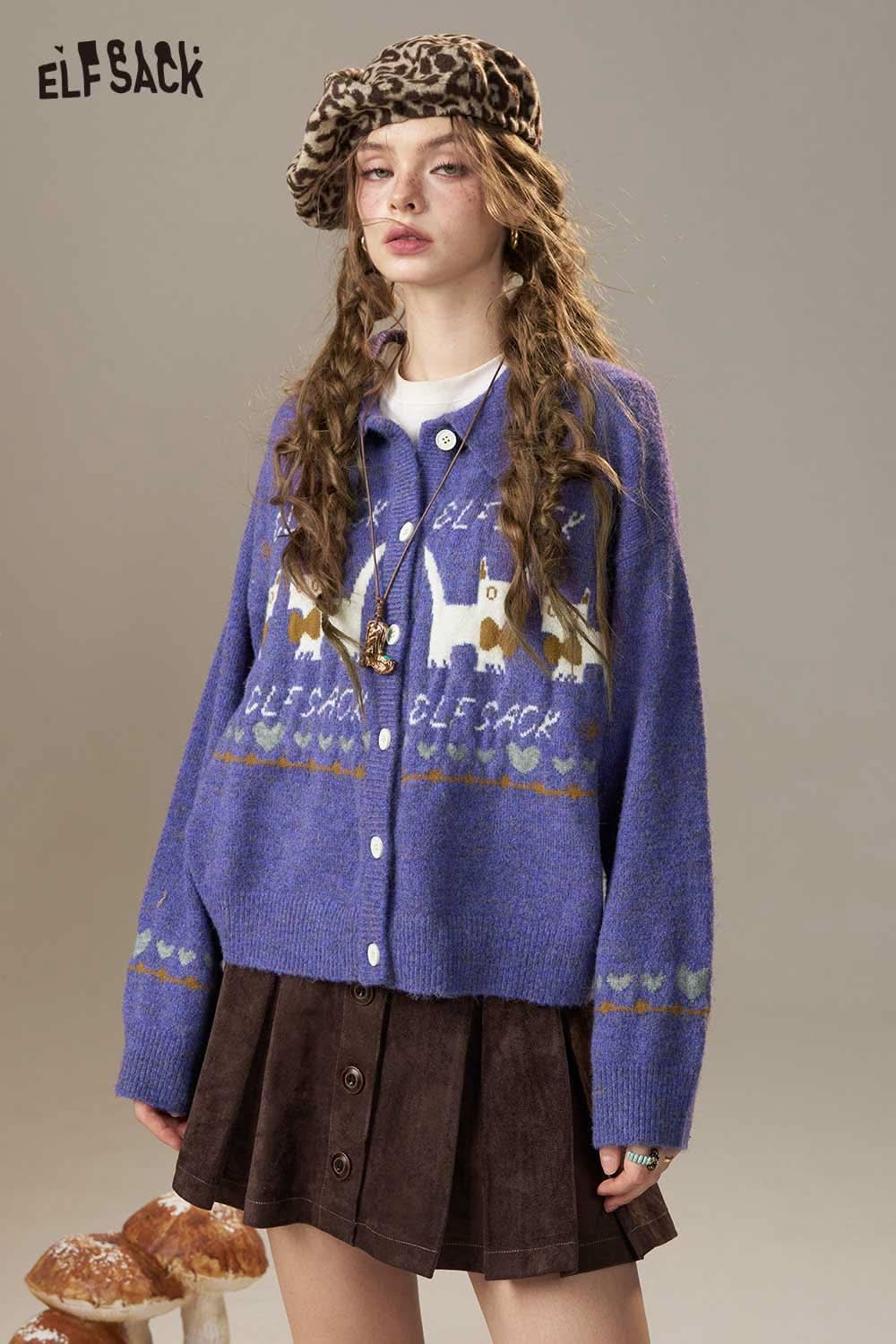 ELFSACK cartoon kitten knit cardigan in purple with playful kitten design and button closure