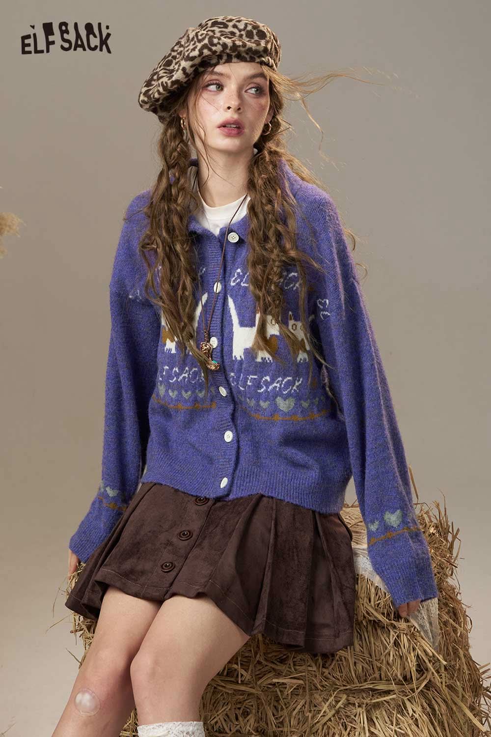 ELFSACK cartoon kitten knit cardigan in purple with playful kitten design and buttons, perfect for casual outfits.