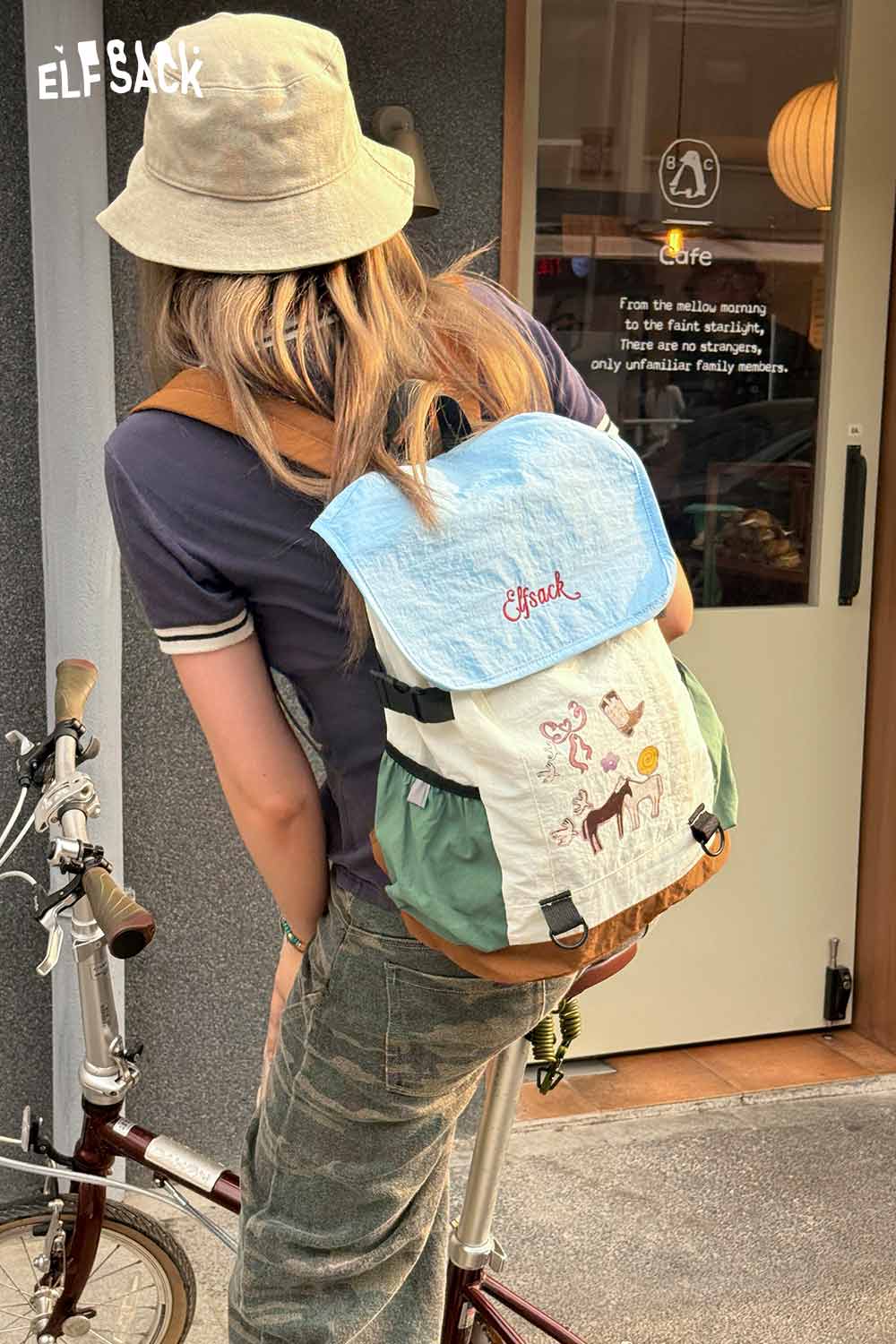 ELFSACK Cartoon Print Color‑Block Drawstring Backpack
