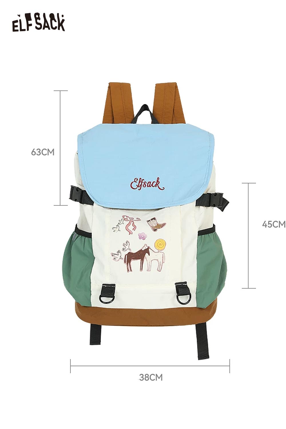 ELFSACK Cartoon Print Color‑Block Drawstring Backpack