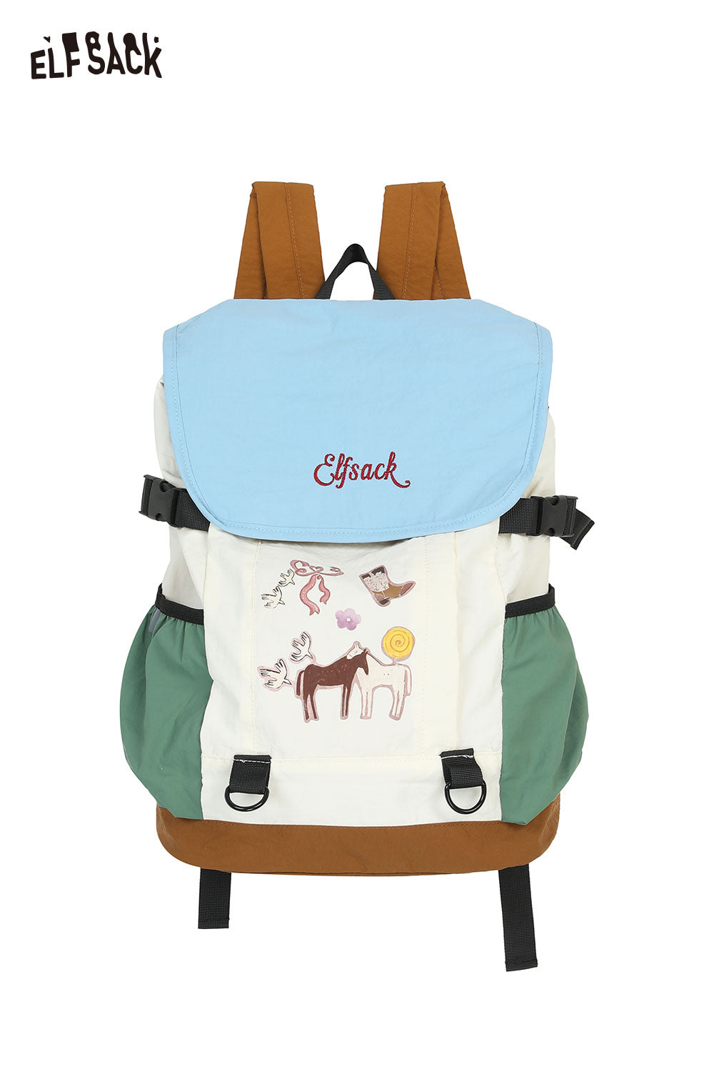 ELFSACK Cartoon Print Color‑Block Drawstring Backpack