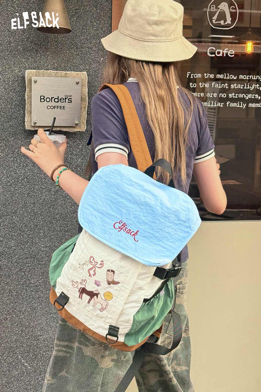 ELFSACK Cartoon Print Color‑Block Drawstring Backpack