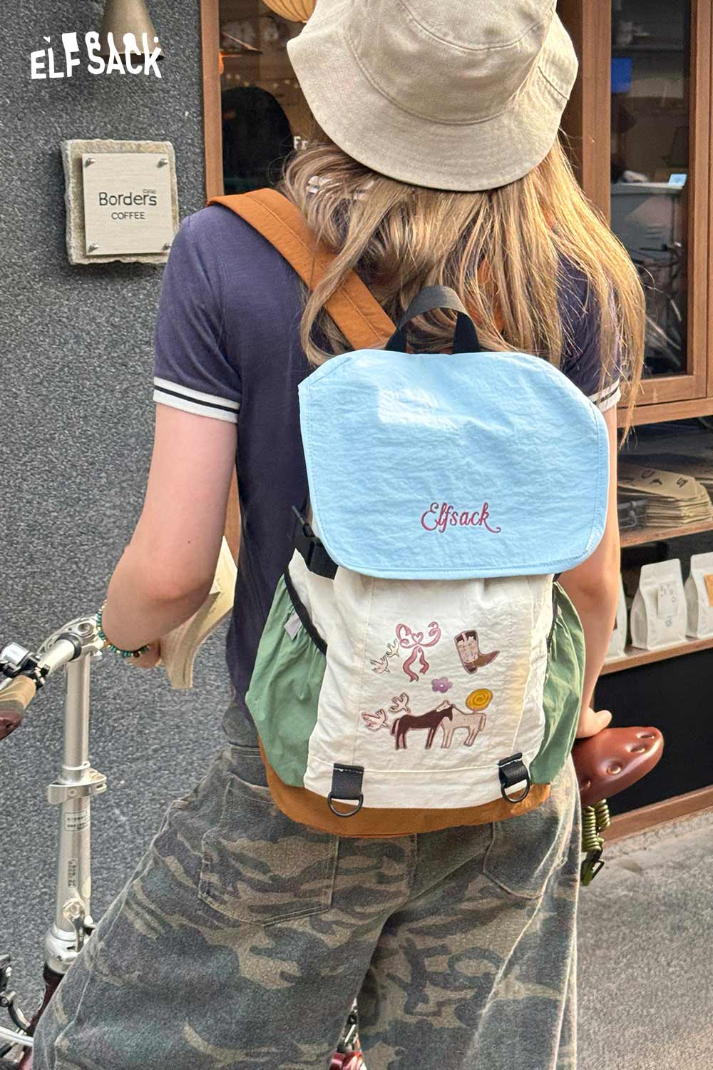 ELFSACK Cartoon Print Color‑Block Drawstring Backpack