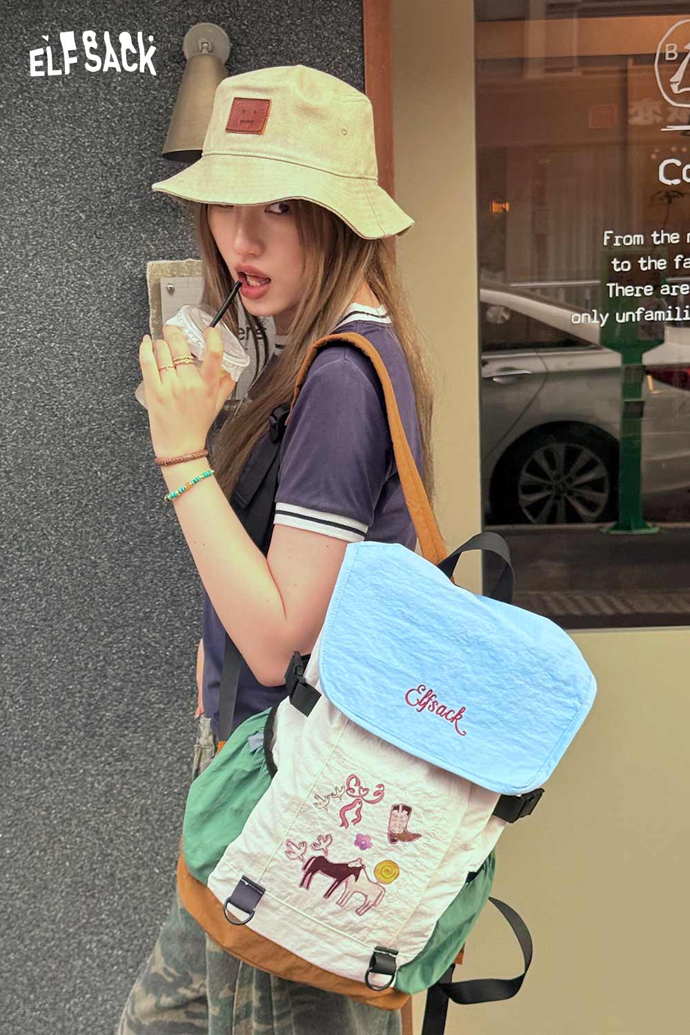 ELFSACK Cartoon Print Color‑Block Drawstring Backpack