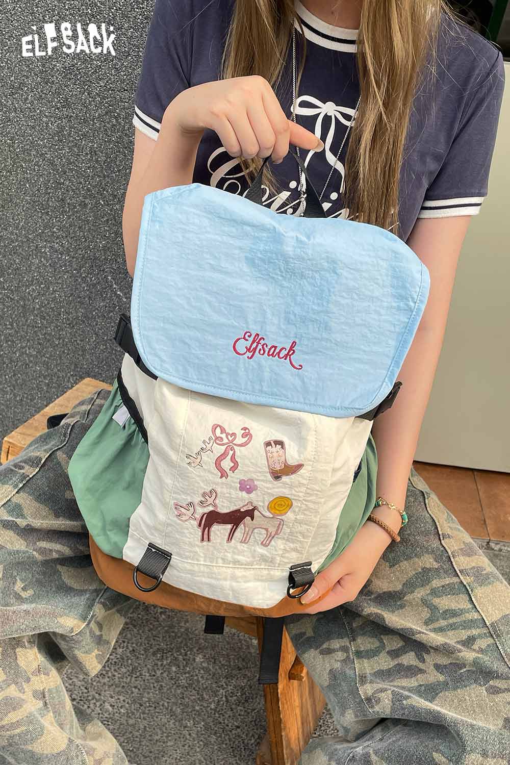 ELFSACK Cartoon Print Color‑Block Drawstring Backpack