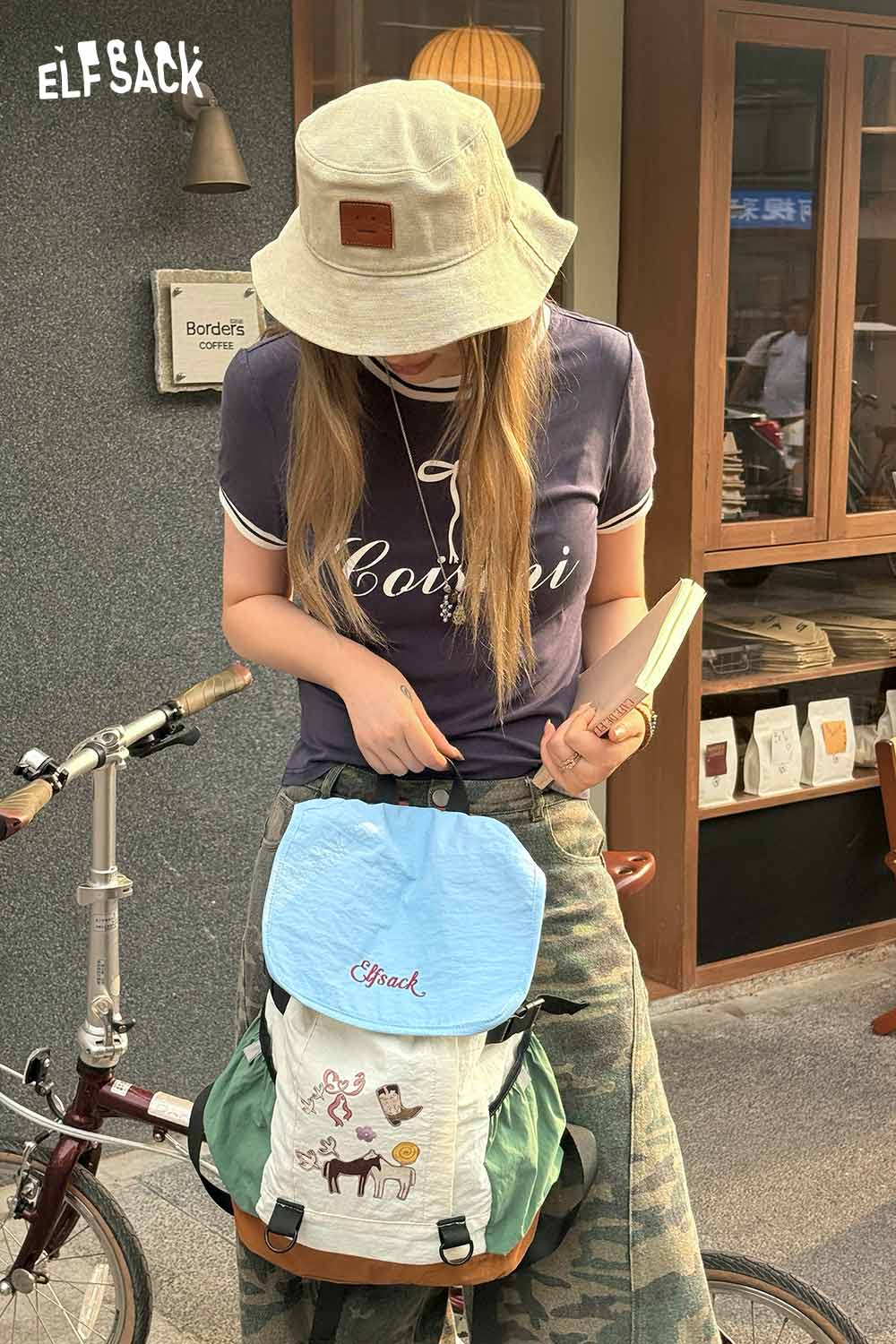 ELFSACK Cartoon Print Color‑Block Drawstring Backpack