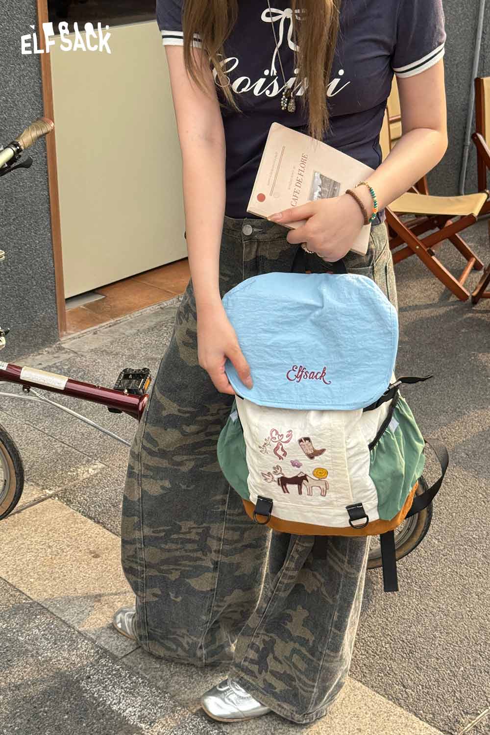 ELFSACK Cartoon Print Color‑Block Drawstring Backpack