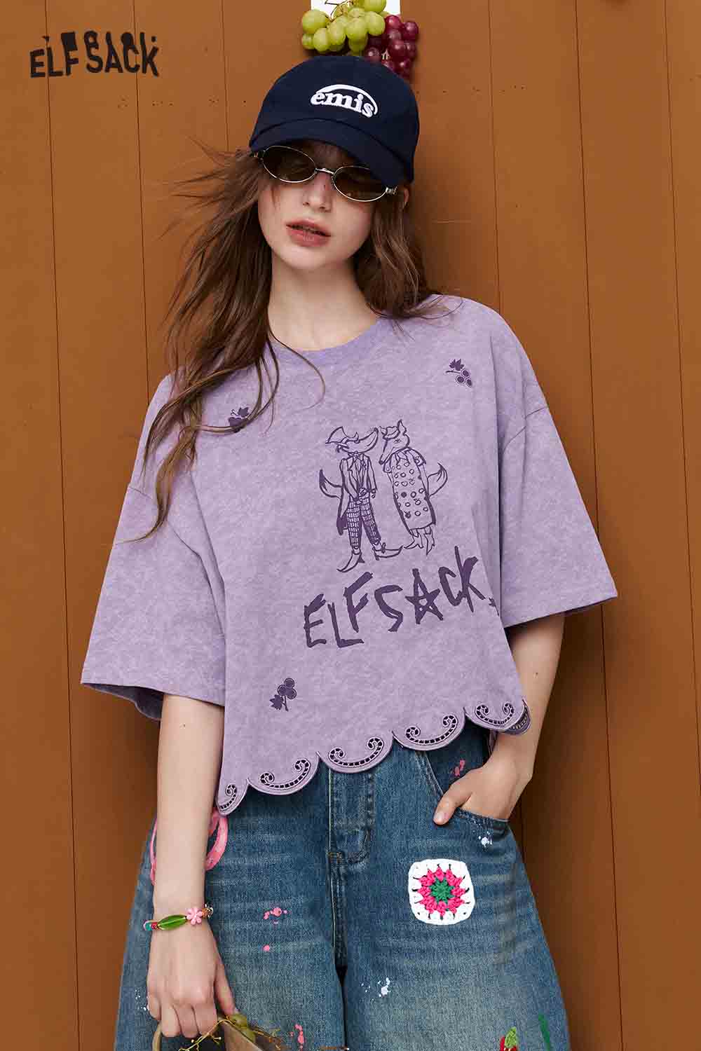 ELFSACK Cartoon Print Cotton Cropped T-Shirt