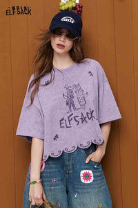 ELFSACK Cartoon Print Cotton Cropped T-Shirt
