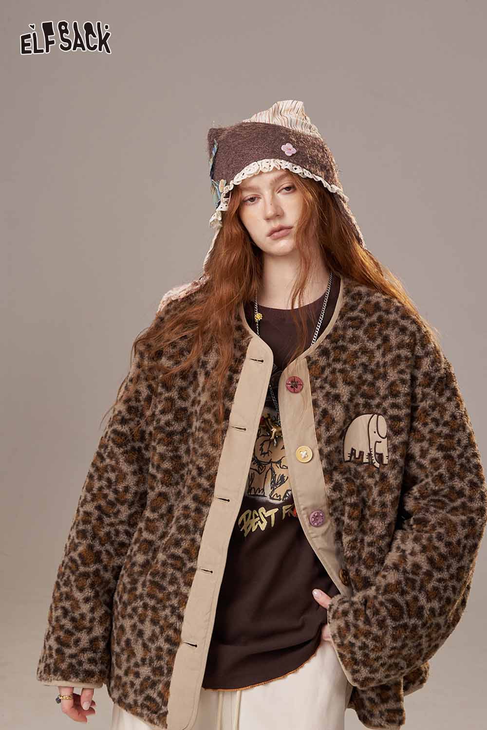 ELFSACK cartoon print long sleeve tee worn under a cozy leopard print jacket for a trendy look