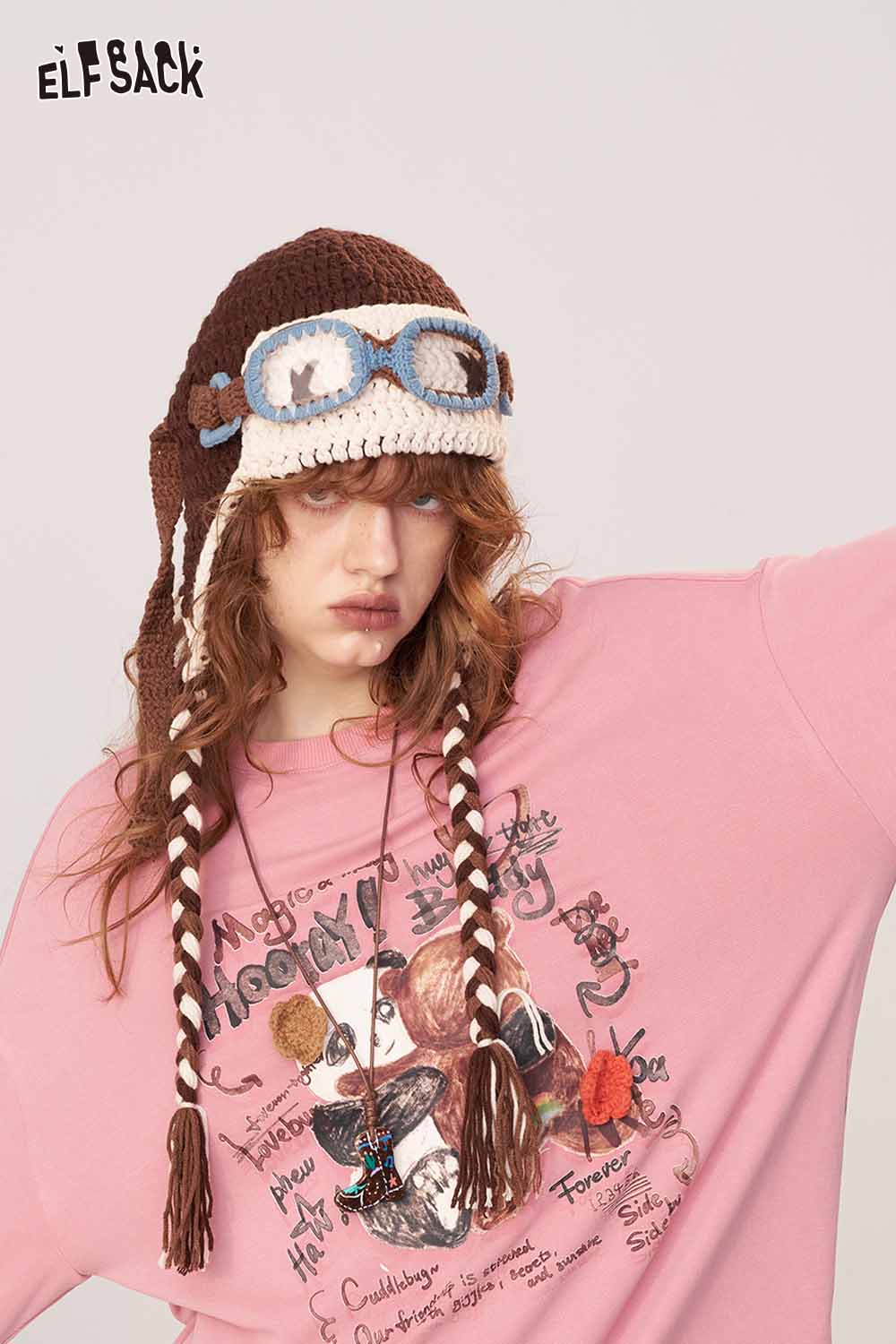 ELFSACK cartoon print long sleeve tee in pink with playful graphics and relaxed fit for casual wear