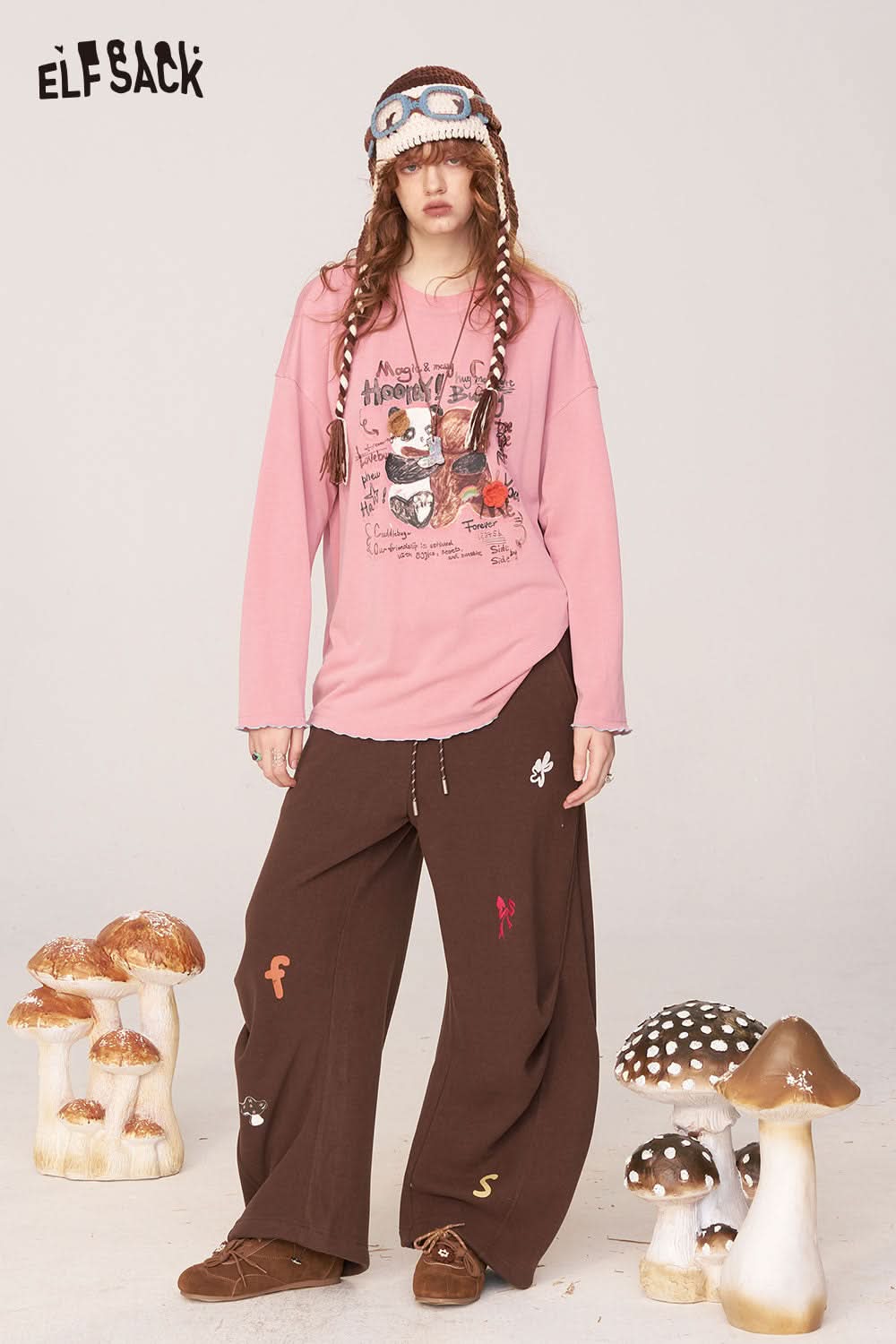 ELFSACK cartoon print long sleeve tee in pink, featuring fun graphics and relaxed fit for casual wear