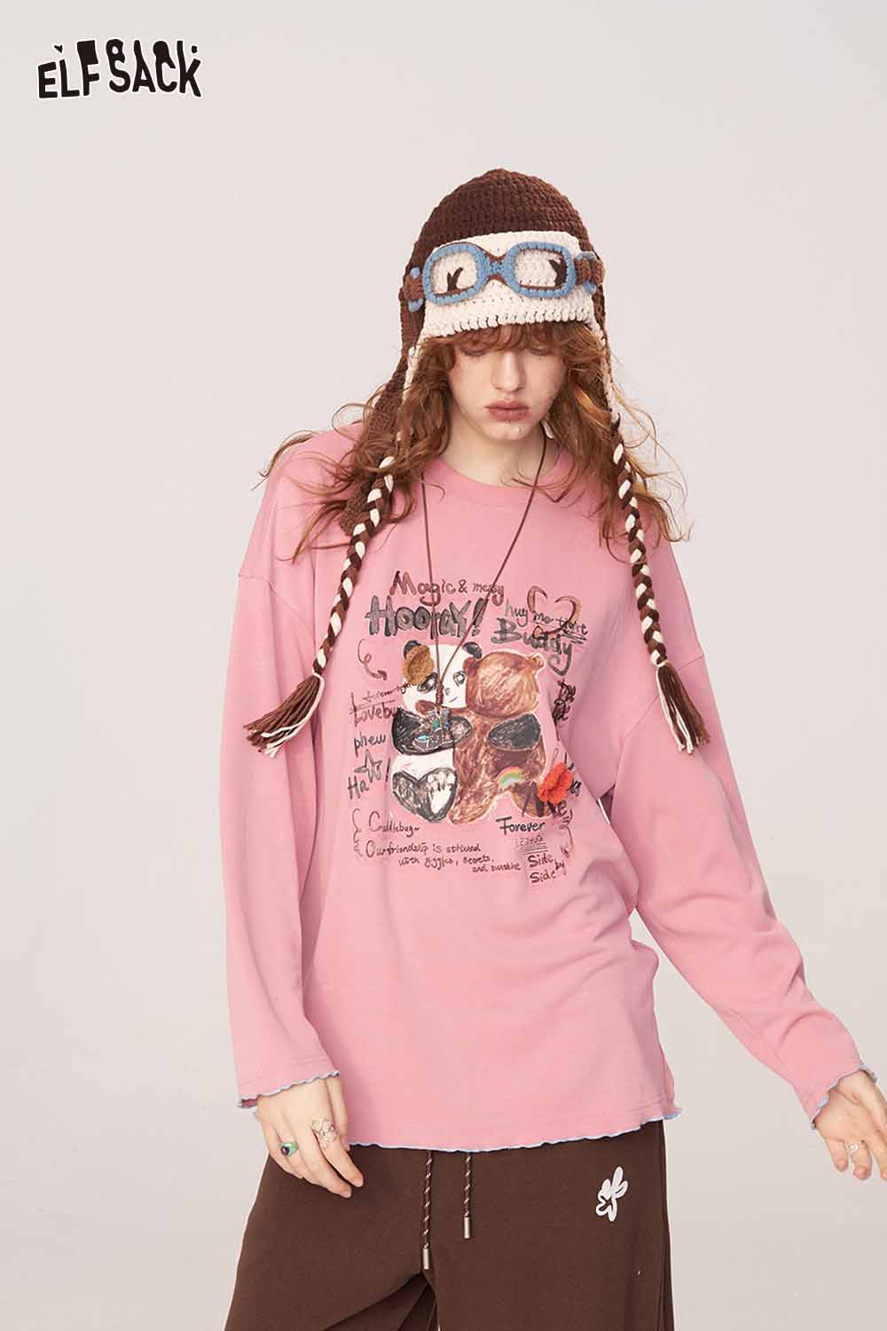 ELFSACK cartoon print long sleeve tee in pink with playful graphic designs for casual wear