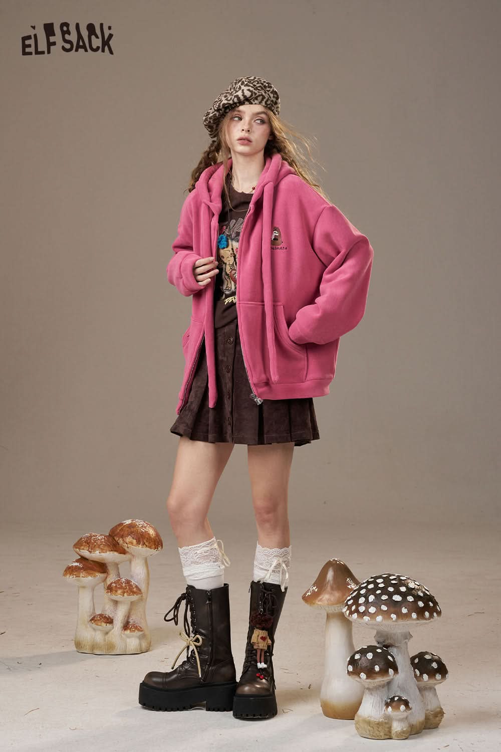 ELFSACK cartoon print long sleeve tee styled with a pink hoodie and brown skirt