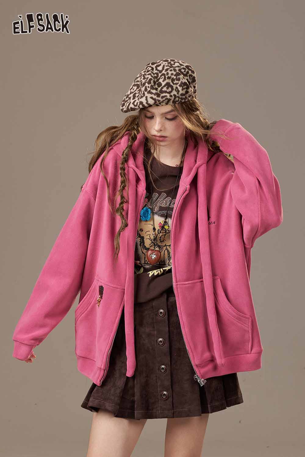ELFSACK pink oversized hoodie paired with a cartoon print long sleeve tee for a trendy casual look