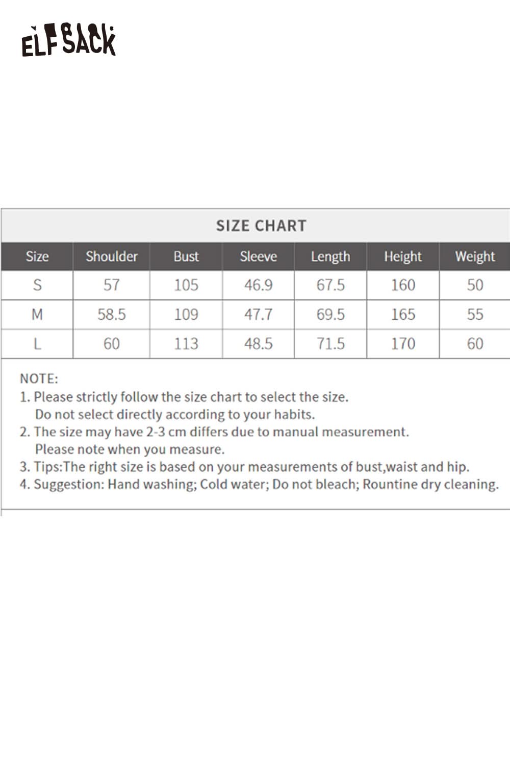 ELFSACK cartoon print long sleeve tee in size guide format with measurements for optimum fit