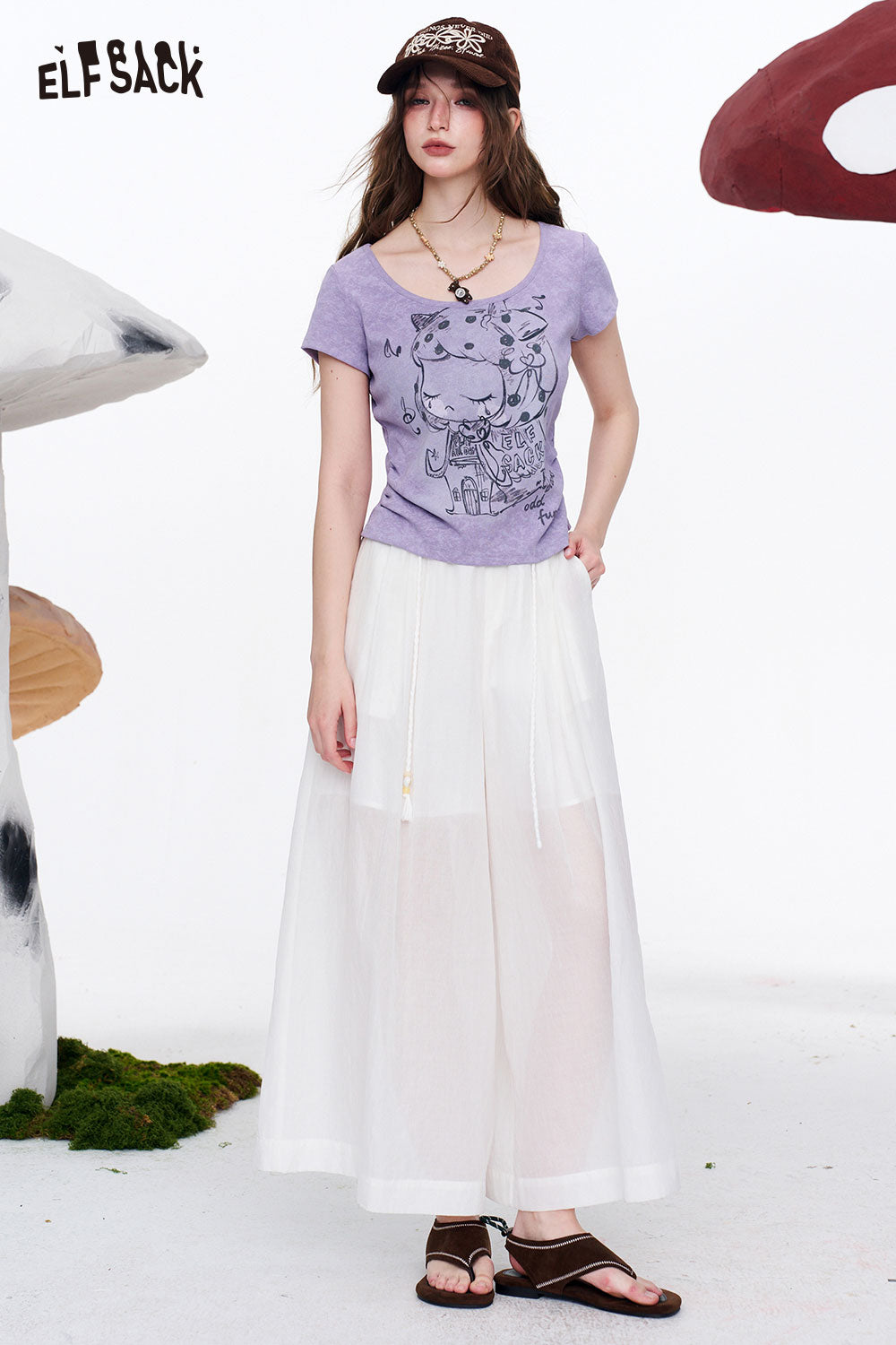 ELFSACK Cartoon Print Ruched Curved Hem Tee
