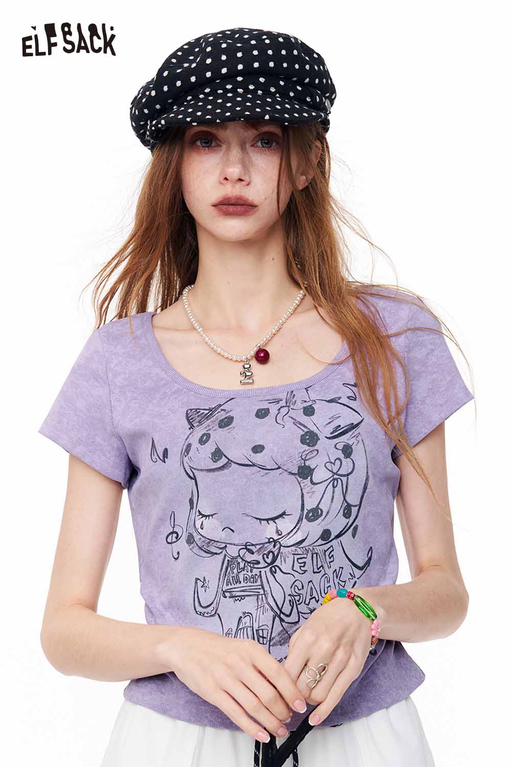 ELFSACK Cartoon Print Ruched Curved Hem Tee