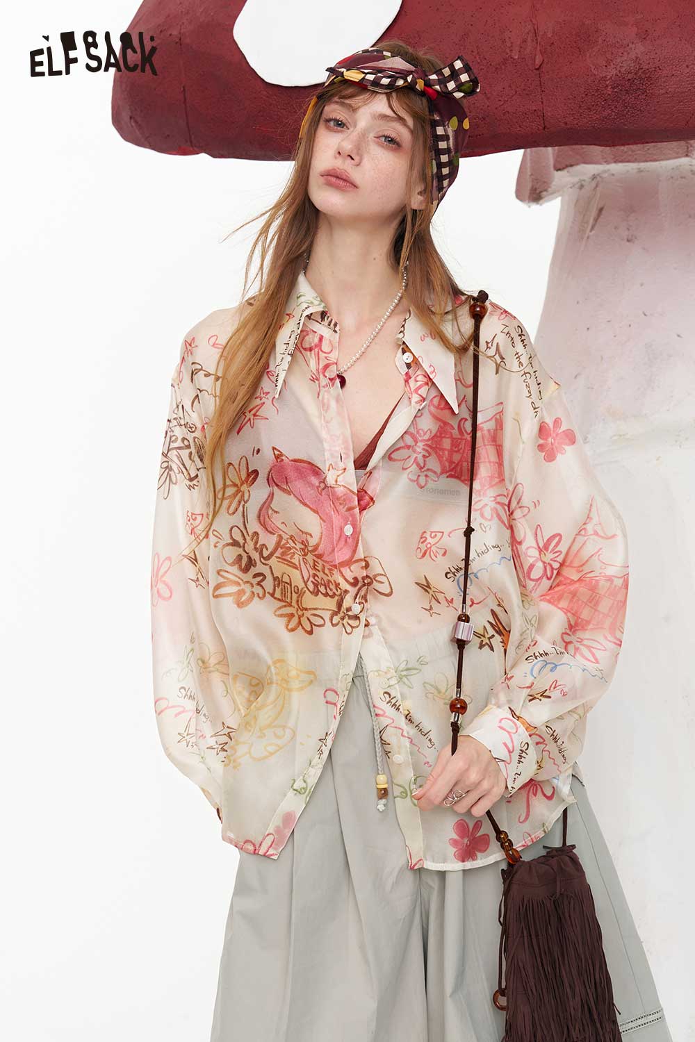 ELFSACK Cartoon Print Sheer Oversized Shirt