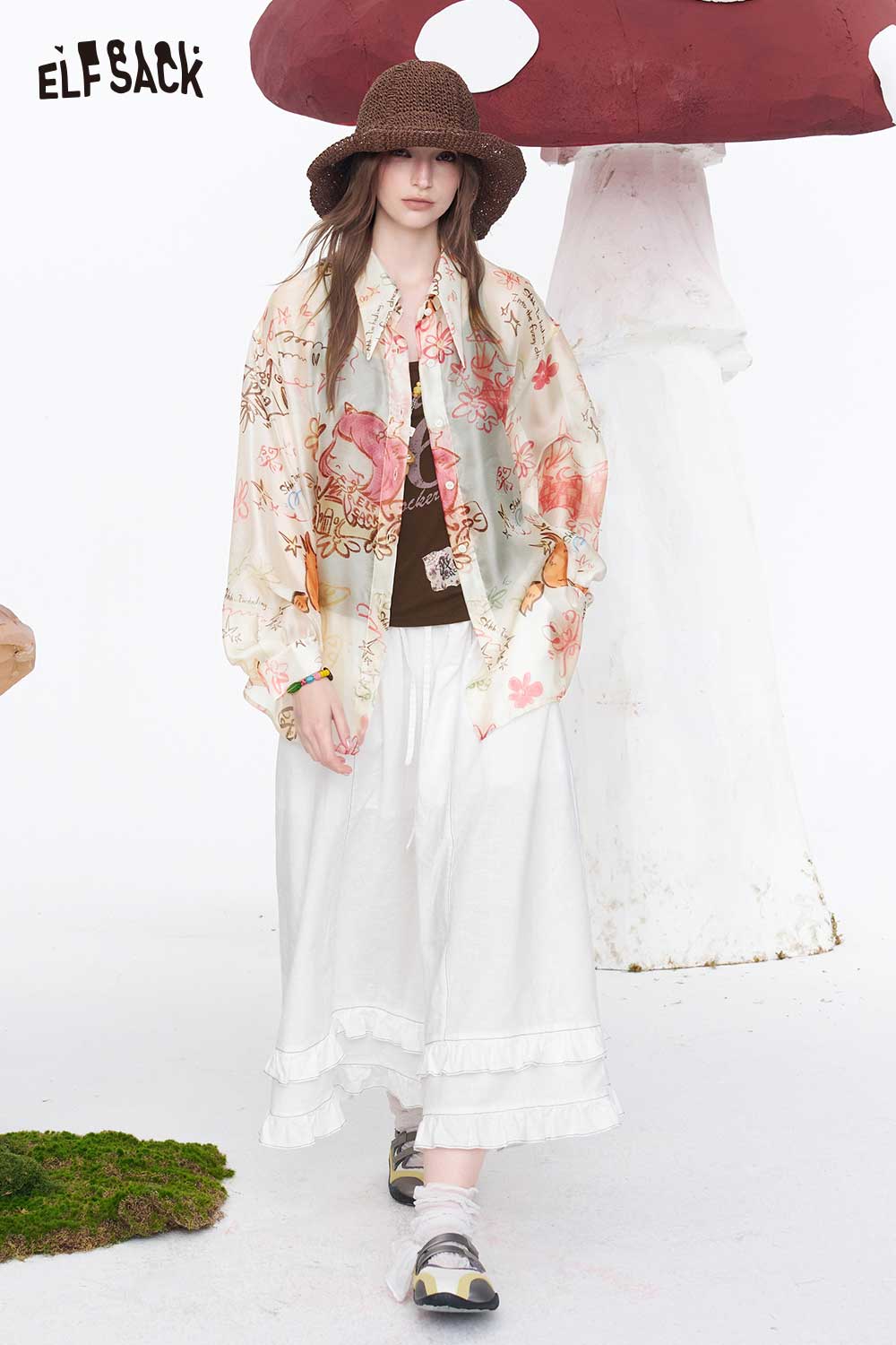 ELFSACK Cartoon Print Sheer Oversized Shirt