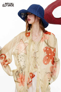 Cartoon Print Sheer Ruffle Blouse