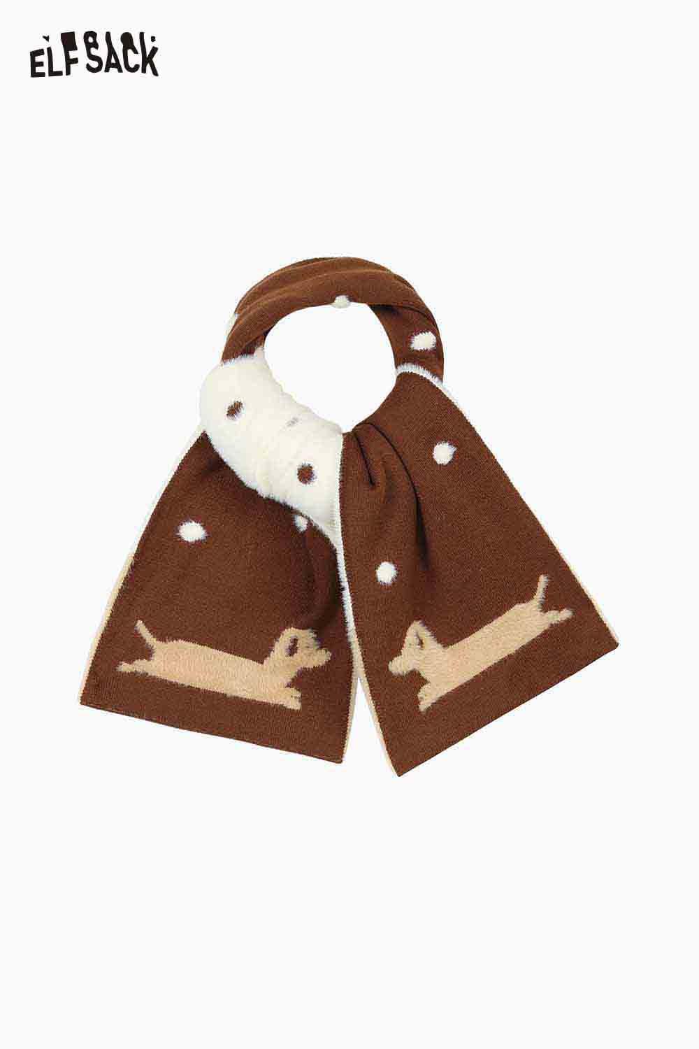 ELFSACK cartoon puppy fleece scarf in brown with playful dog design for warmth and style