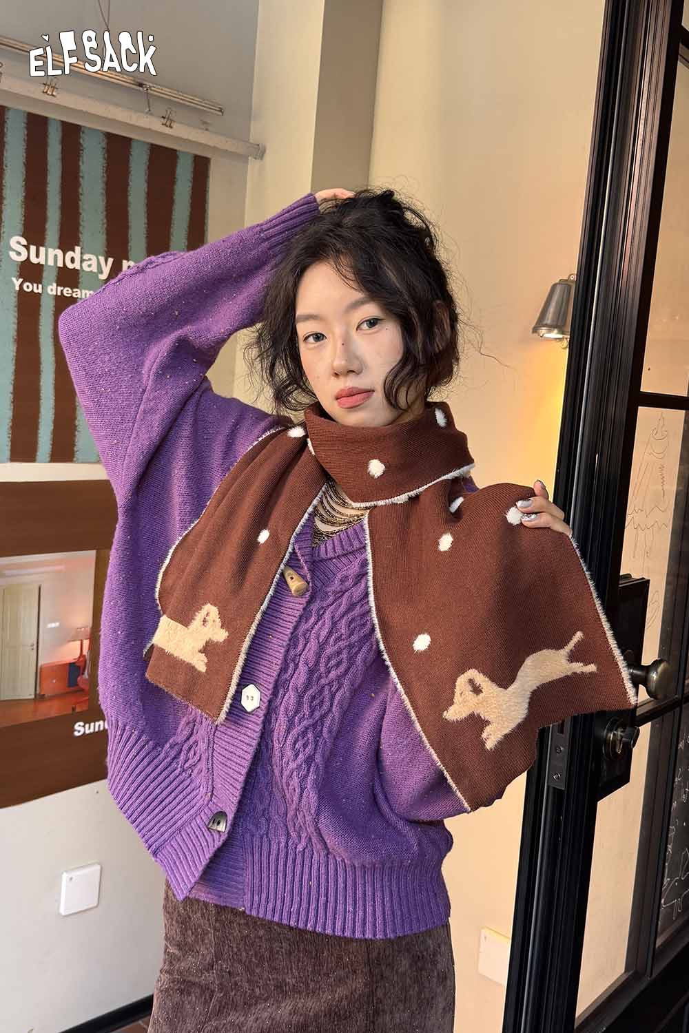 ELFSACK cartoon puppy fleece scarf in brown with playful puppy design for stylish warmth