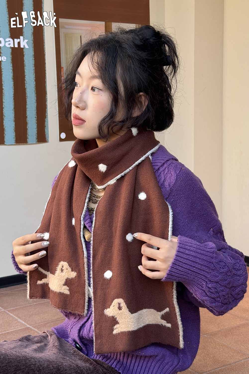 ELFSACK cartoon puppy fleece scarf in brown featuring cute puppy designs and polka dots