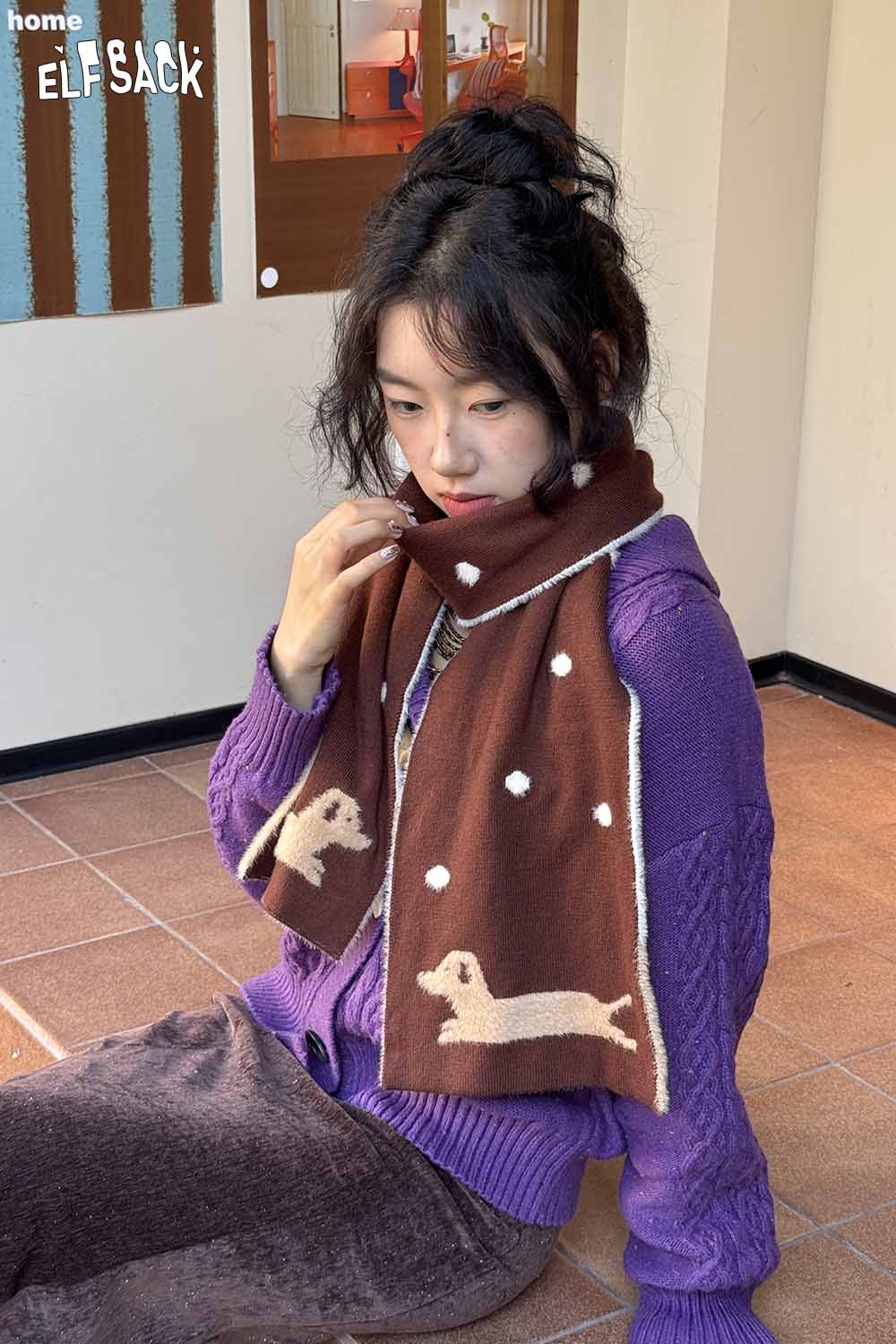Cartoon puppy fleece scarf in brown with playful puppy design, perfect for cozy winter outfits