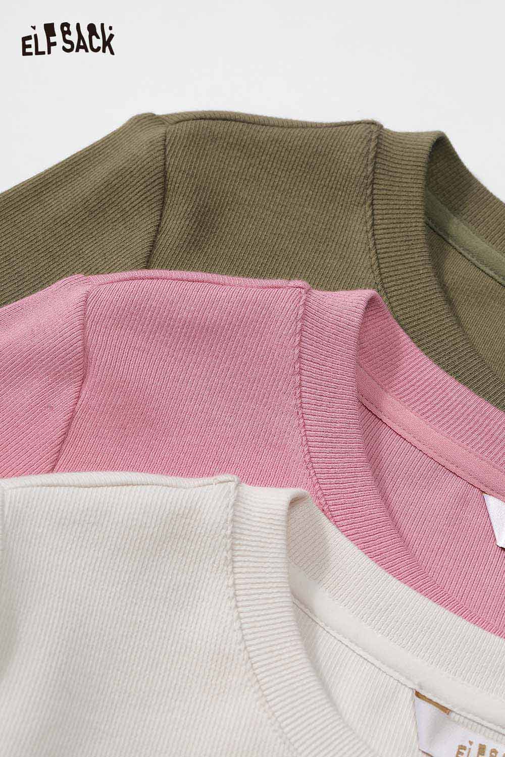 ELFSACK cartoon stitch detail fitted tee collection in pink, white, and green colors