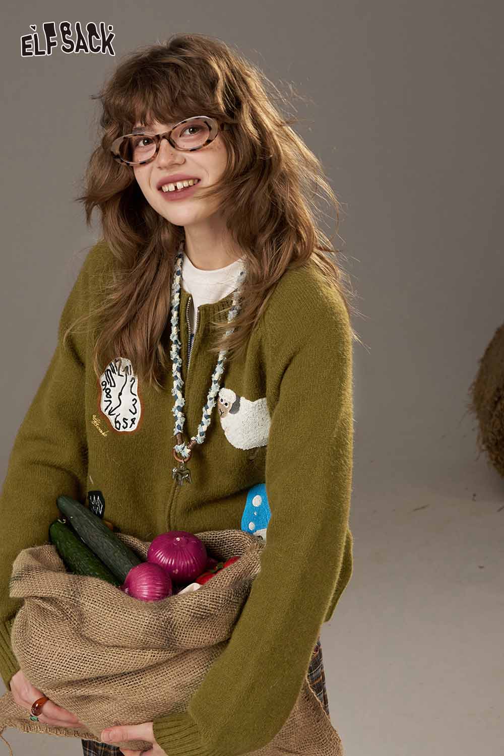 ELFSACK cartoon sweater cardigan for women featuring playful animal designs and a cozy fit