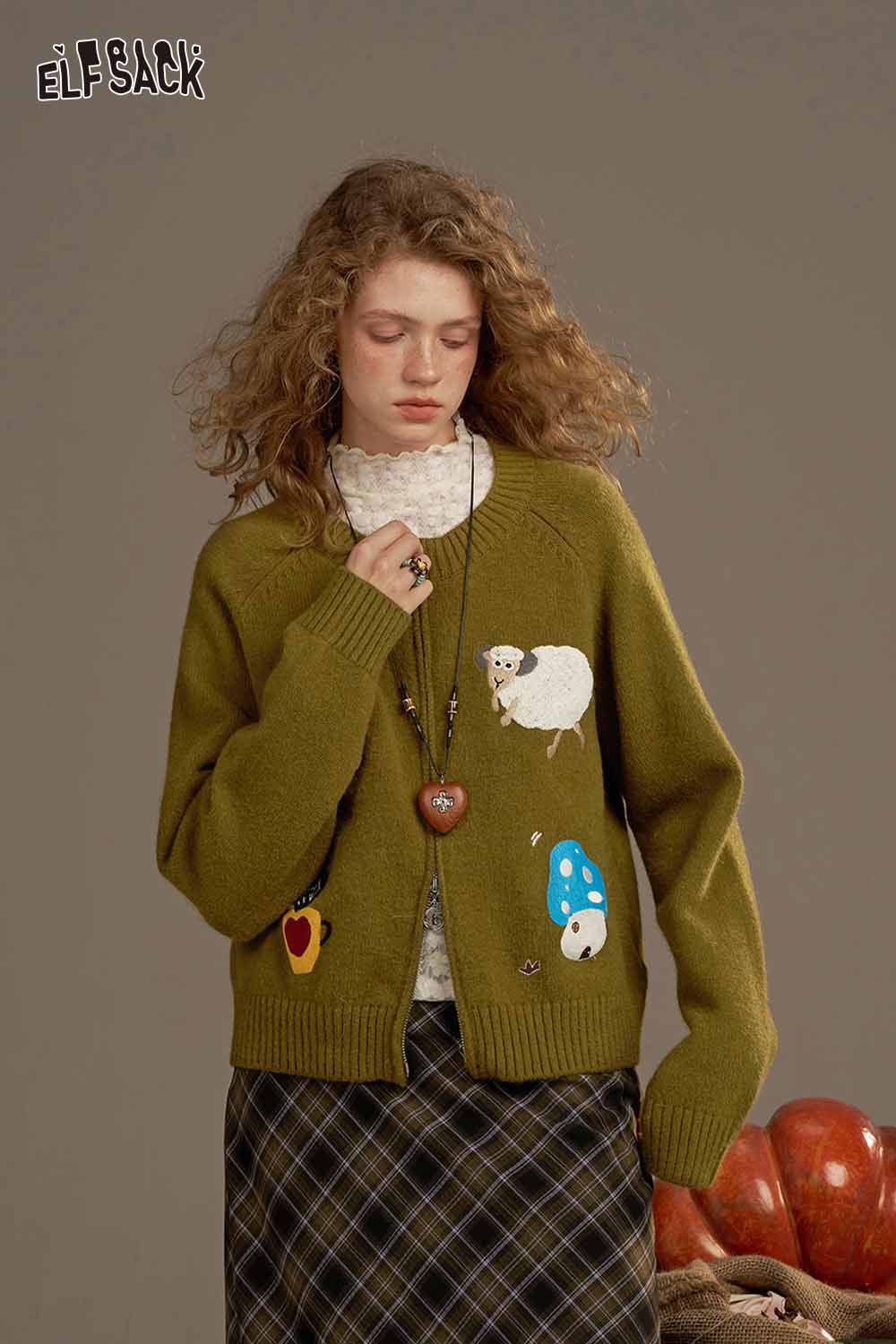 ELFSACK cartoon sweater cardigan for women with cute animal designs and warm olive green color