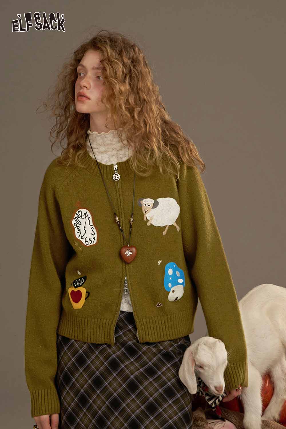 ELFSACK green cartoon sweater cardigan for women with cute animal patches and a cozy fit