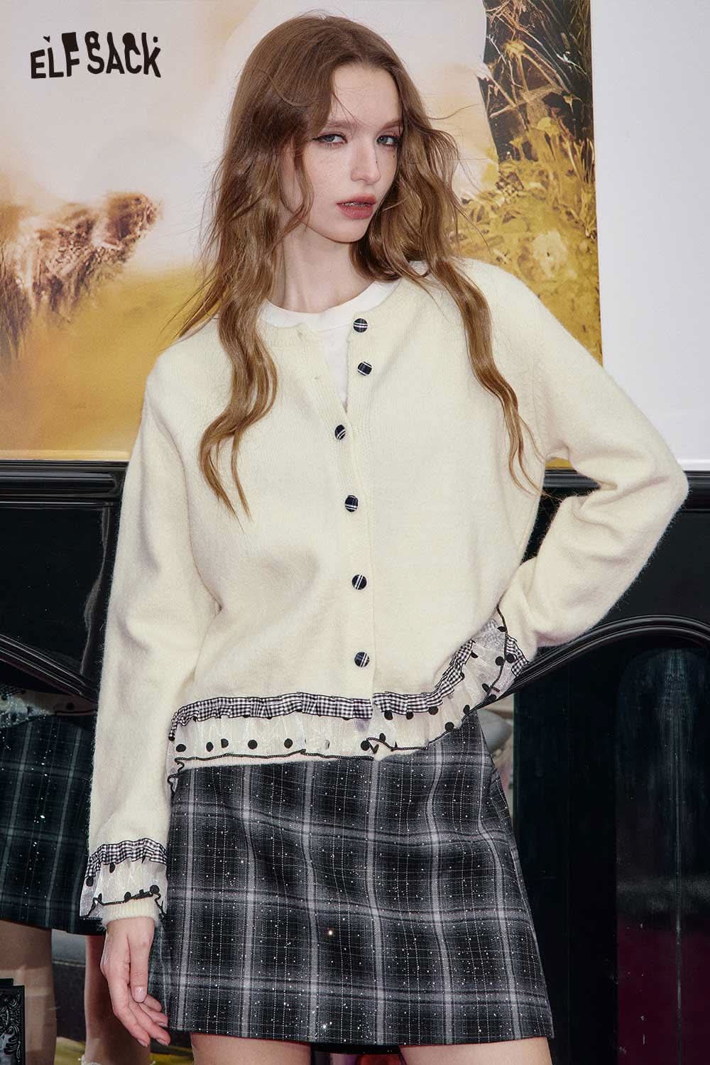 ELFSACK cashmere blend cropped cardigan in cream with black button detailing and ruffled hem