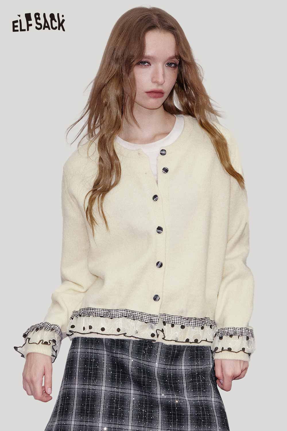 ELFSACK cashmere blend cropped cardigan with button front and ruffled hem for a stylish look