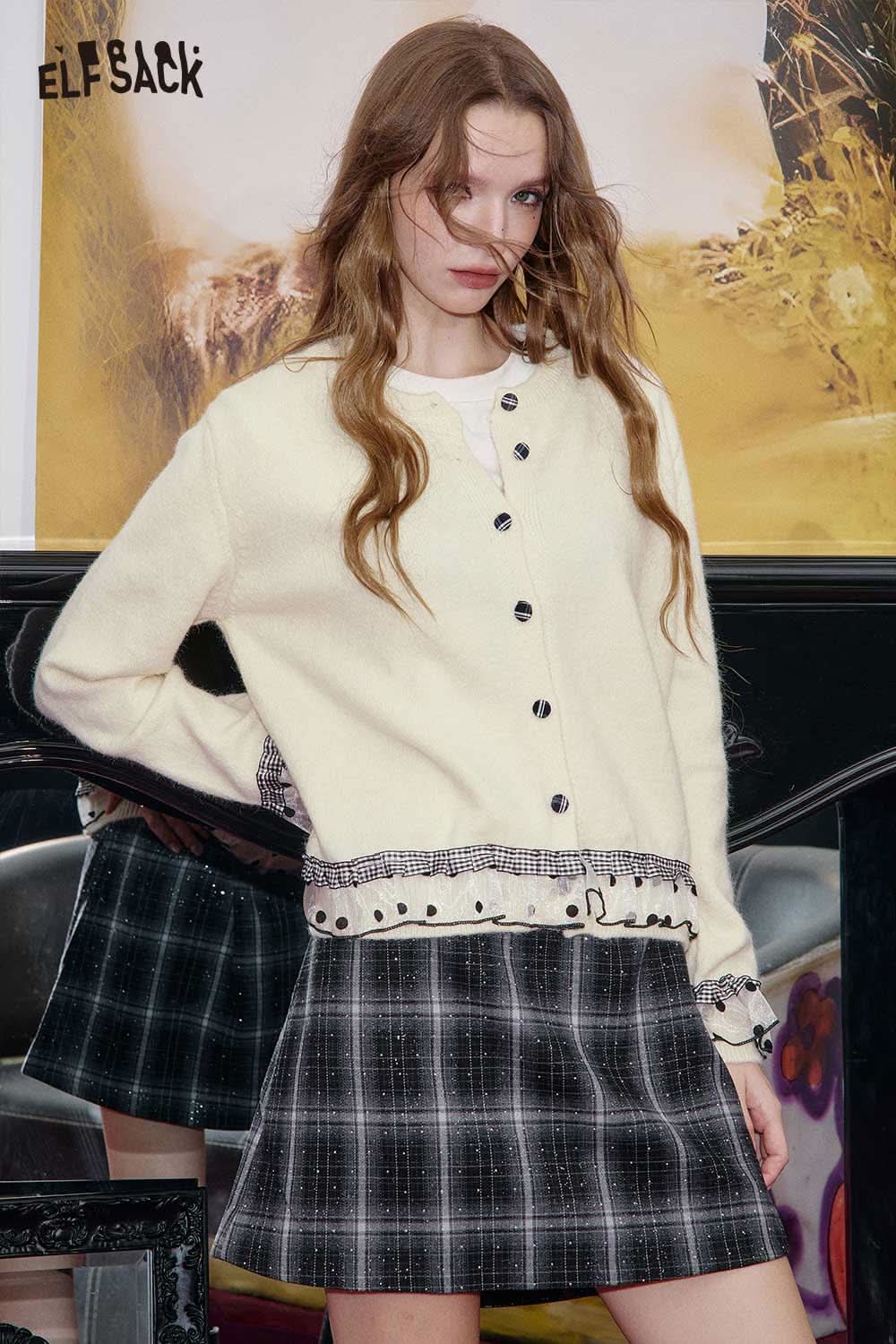 ELFSACK cashmere blend cropped cardigan in cream color with buttons and ruffled hem for stylish outfits