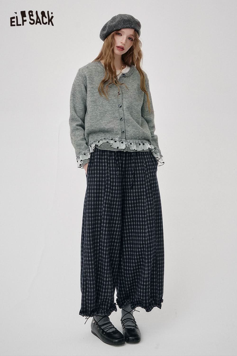 ELFSACK cashmere blend cropped cardigan in gray paired with wide leg pants for a stylish look