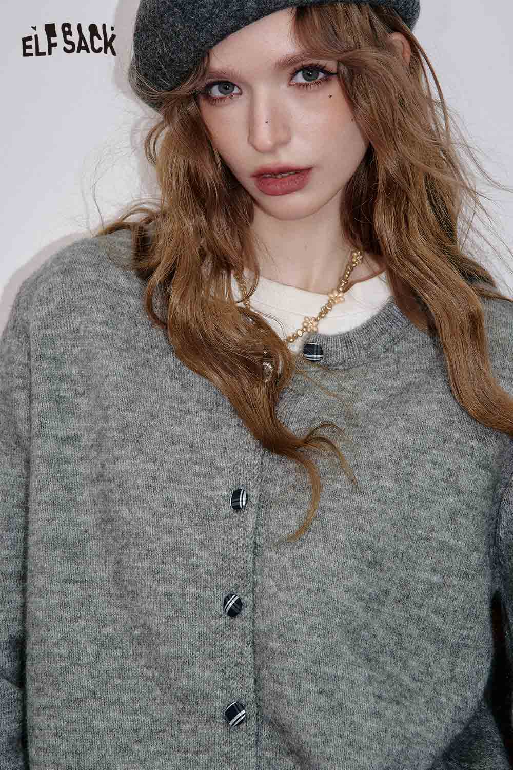 ELFSACK cashmere blend cropped cardigan in gray with button details and a relaxed fit