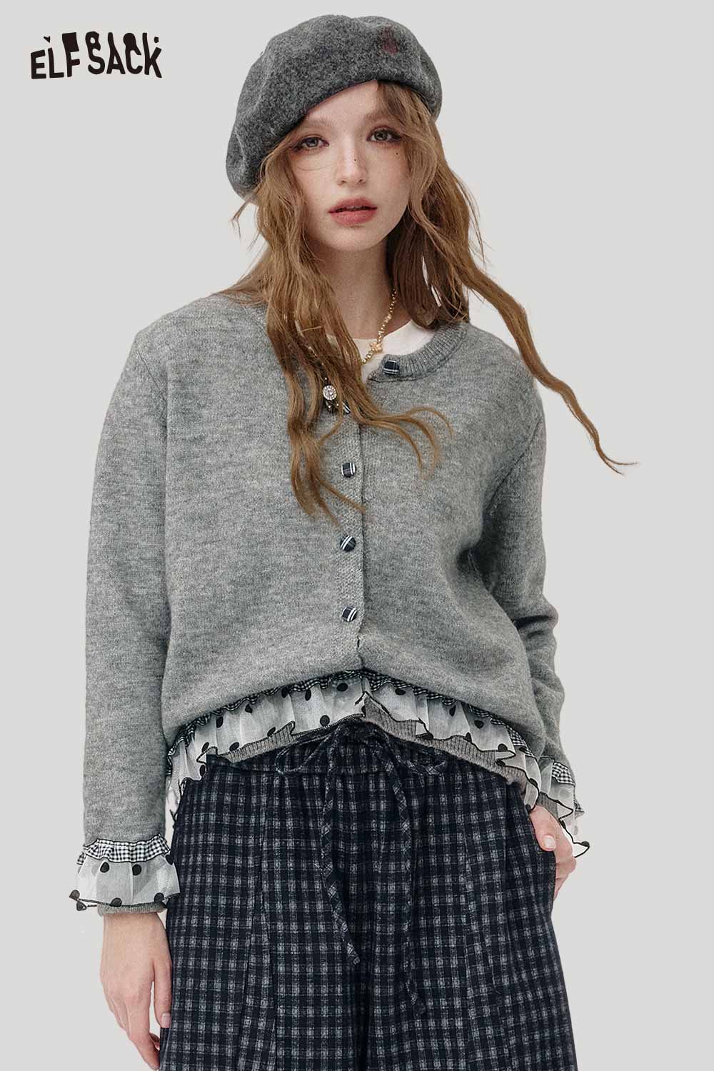 ELFSACK cashmere blend cropped cardigan featuring a button-up design and soft gray fabric