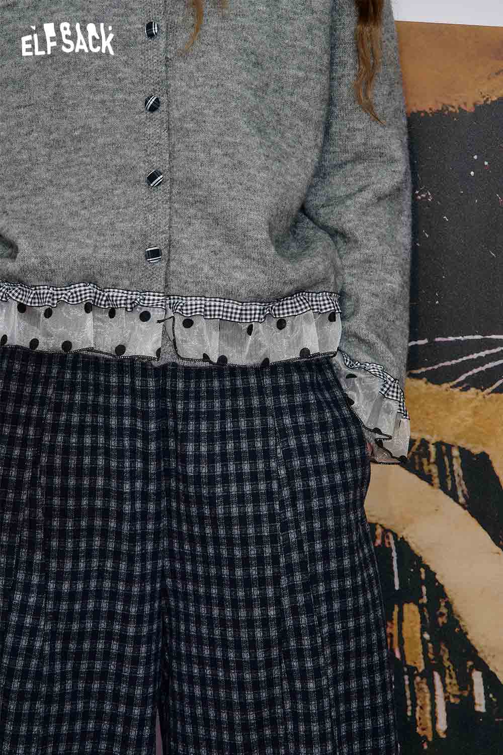 ELFSACK cashmere blend cropped cardigan in gray with ruffle detail and button closure